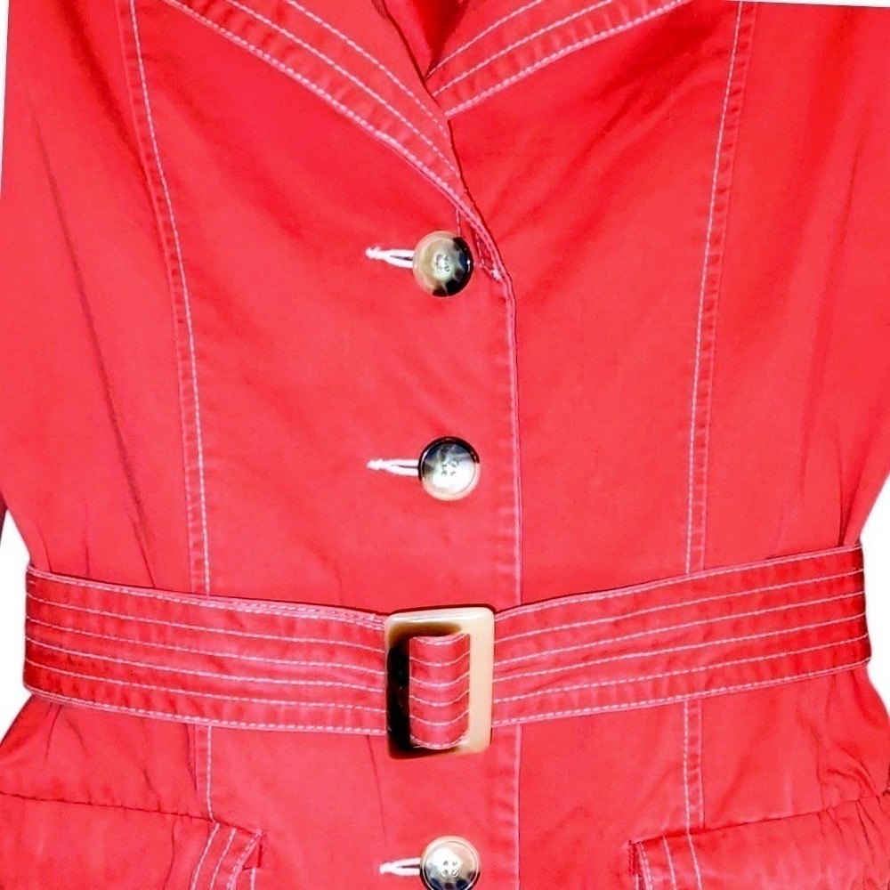 Vtg Y2K‎ Womens PeaCoat 100% Cotton Red Tortoise Buttons White Stitching Sz M - Picture 4 of 11